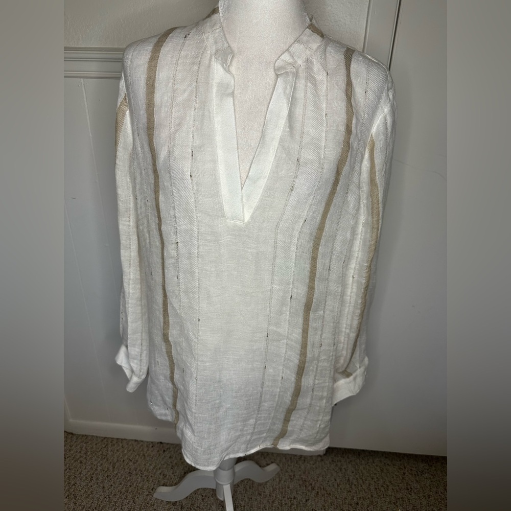 Etcetera White and Tan Blouse Linen size 16 New with Tag